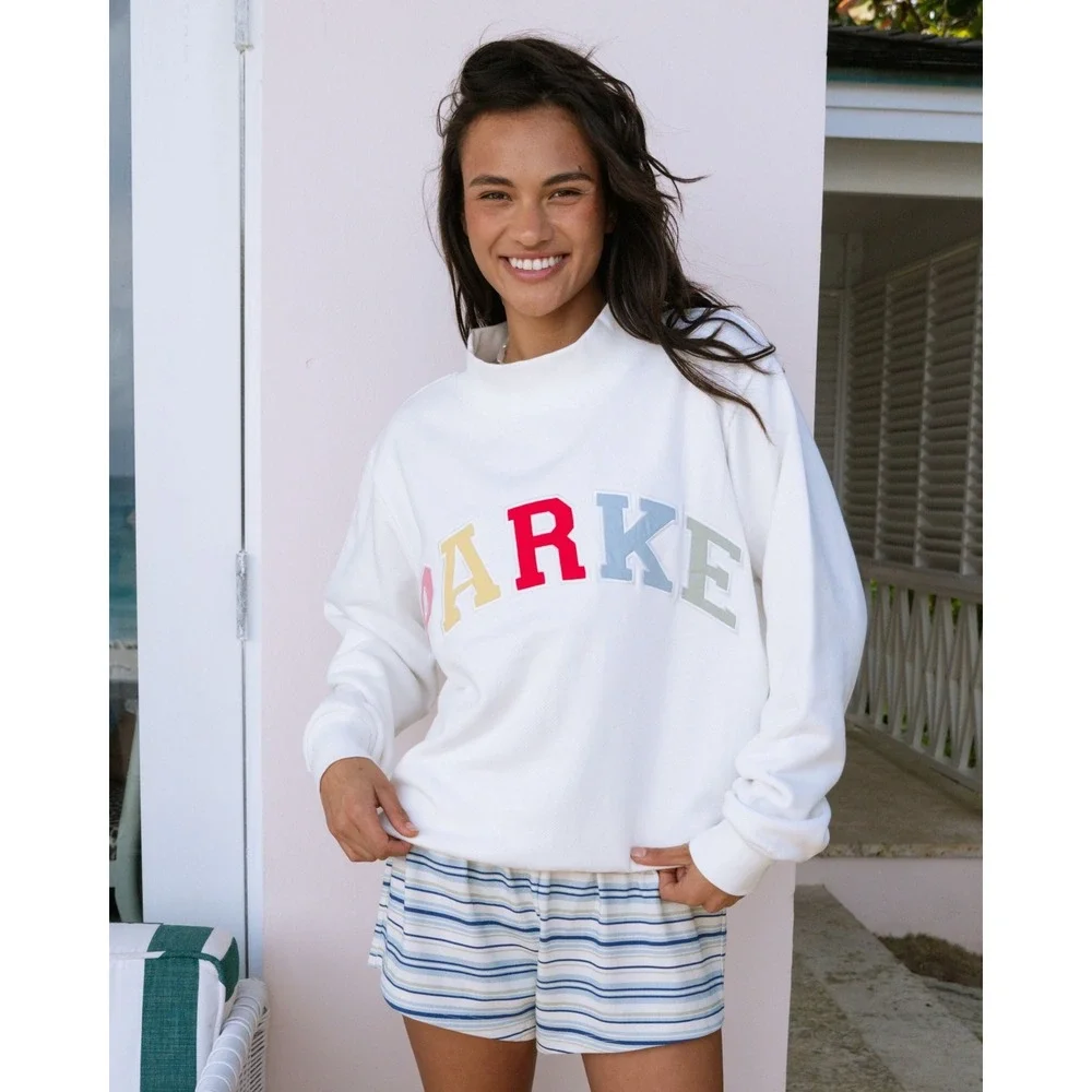 NEW Parke Heritage Varsity Mockneck Sweatshirt Paradise White Cotton Terry L/XL